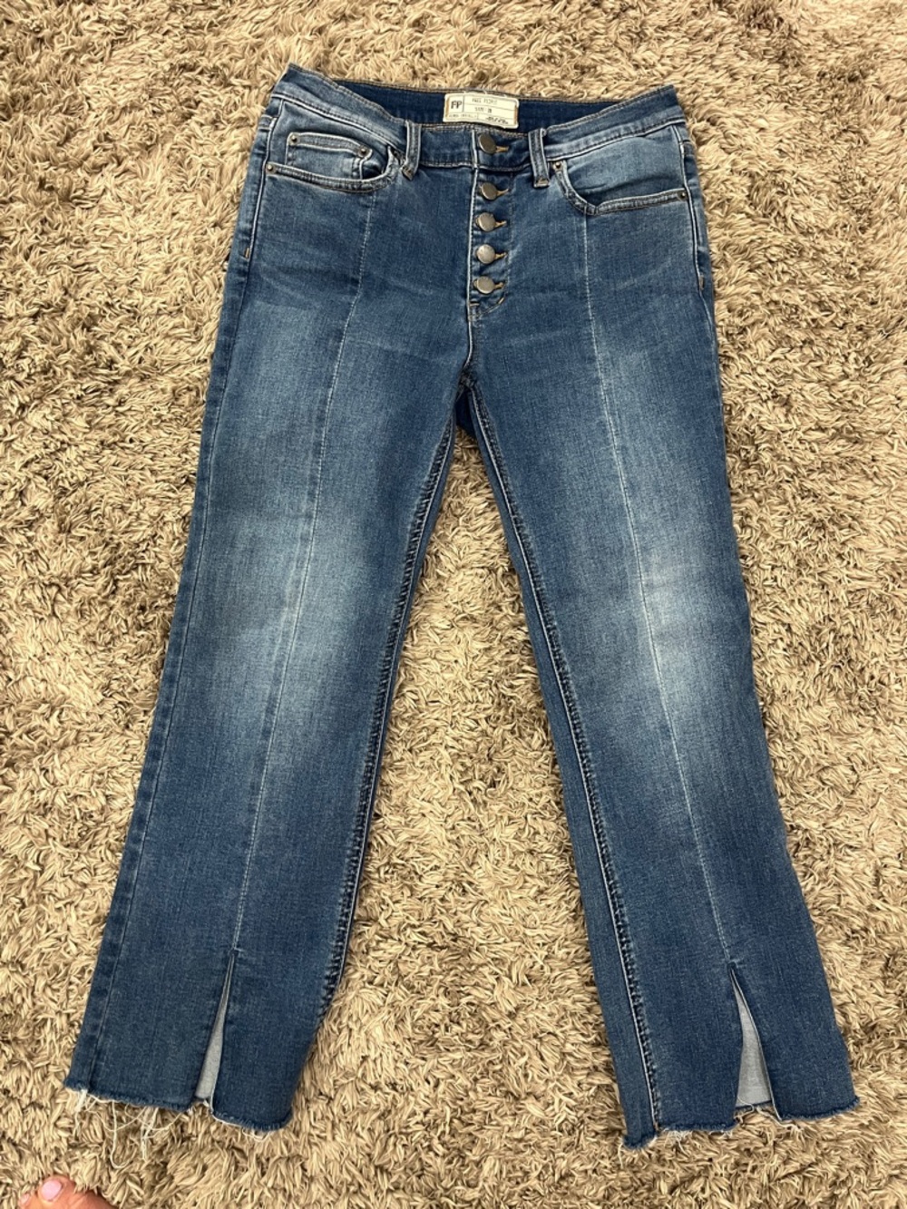 Free People Blue Cropped Button-Fly Jeans with Front Slits